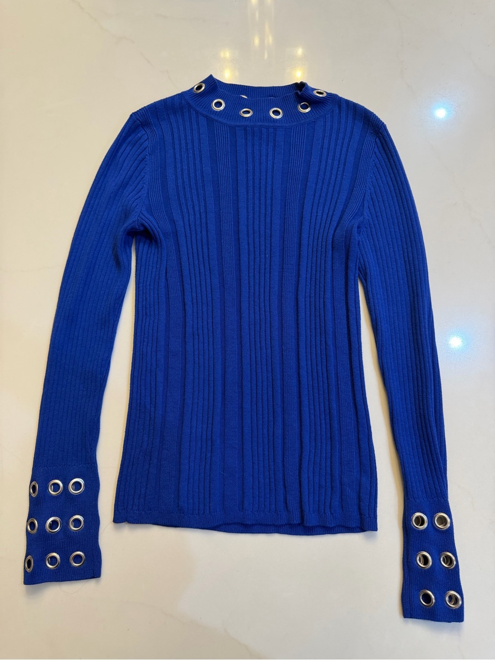 Ribbed Eyelet Mock Neck Sweater - Blue